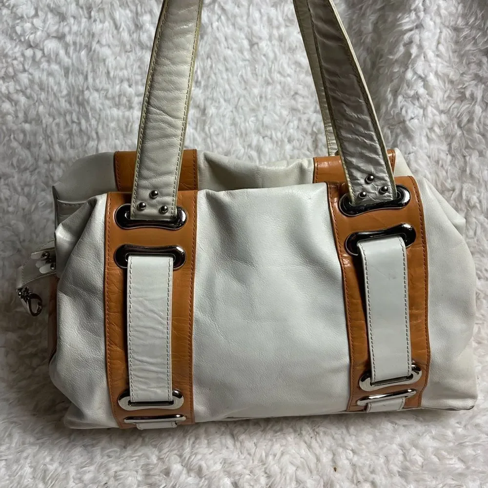 Steven by Steve Madden leather off white and tan satchel silver tone hardwares